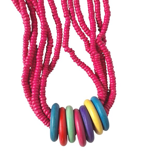 Vintage Pink Beaded Multi Strand Necklace Boho Retro - Picture 2 of 5